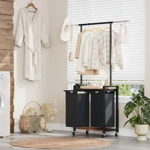 2-Section Rolling Laundry Sorter Hamper – Hanging Rack, Shelf, Lockable Wheels & Folding Station – Removable Laundry Bags – Perfect for Laundry Room, Bedroom, Bathroom, Apartment, Dorm, or Family Home