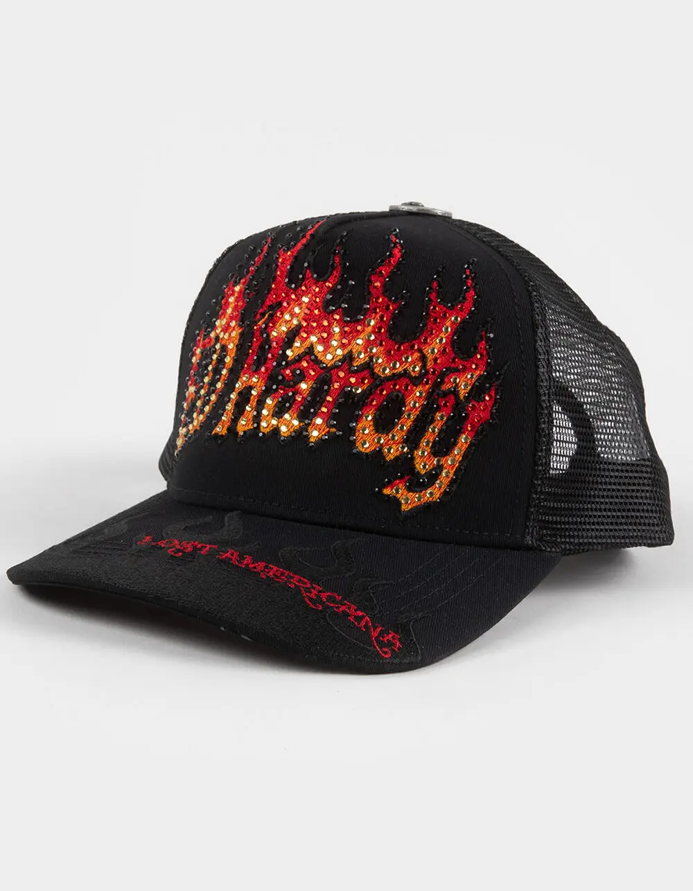 ED HARDY x MGK Flame Logo Rhinestone Mens Trucker Hat, Black