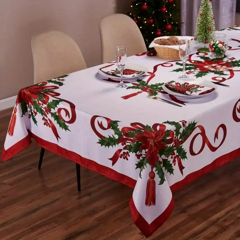 Rectangular Christmas Tablecloth with Poinsettia Design, Rectangle Table Cover, Festive Holiday Decor for Dinner Parties & Celebrations, Perfect for New Year Events, Party Decoration Supplies