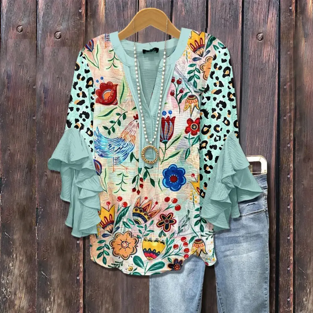 Cherrybetty Mixed Floral Print Ruffle Bell Sleeve Top Going Outfits Blouses Women Vintage 90s Tops Funny Shirts Women Elegant Classy Tops cute summer outfit women's summer outfits going tops Breathable casual summer tops for Teachers and Moms