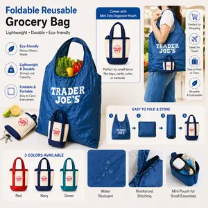 3pcs-1pc-Foldable Reusable Grocery Bag with Mini Tote Organizer Pouch, Lightweight Shopping Bag for Women, Portable Eco Tote with Small Canvas Insert for Travel, Storage and Daily Use outdoorfun