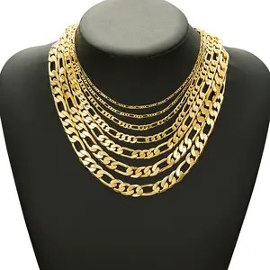 14K Gold Plated NK Link Chain Necklace | Layered Figaro Chain | Minimalist Gold Tone Stackable Necklace for Women Men