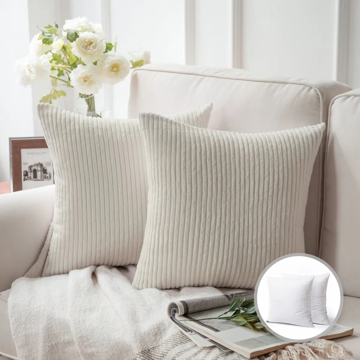 20" x 20" Modern, Transitional Off White Striped Polyester Throw Pillow , ( 2 Count), Hidden zipper