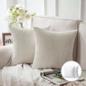 20" x 20" Modern, Transitional Off White Striped Polyester Throw Pillow , ( 2 Count), Hidden zipper