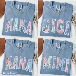 Comfort Colors Custom Faux Patchwork Mama Grandma Shirt, Personalized Gift Mothers Day, Mama Nana Auntie Mimi Gigi Lala Yaya Lolly Grammy T-Shirt
