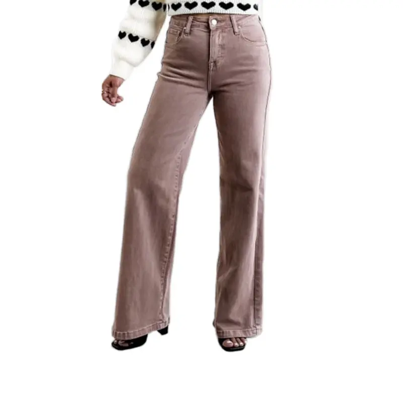 Risen x FP High Rise Mauve Tummy Control Wide Leg Jeans for Women's Fashionable Fit