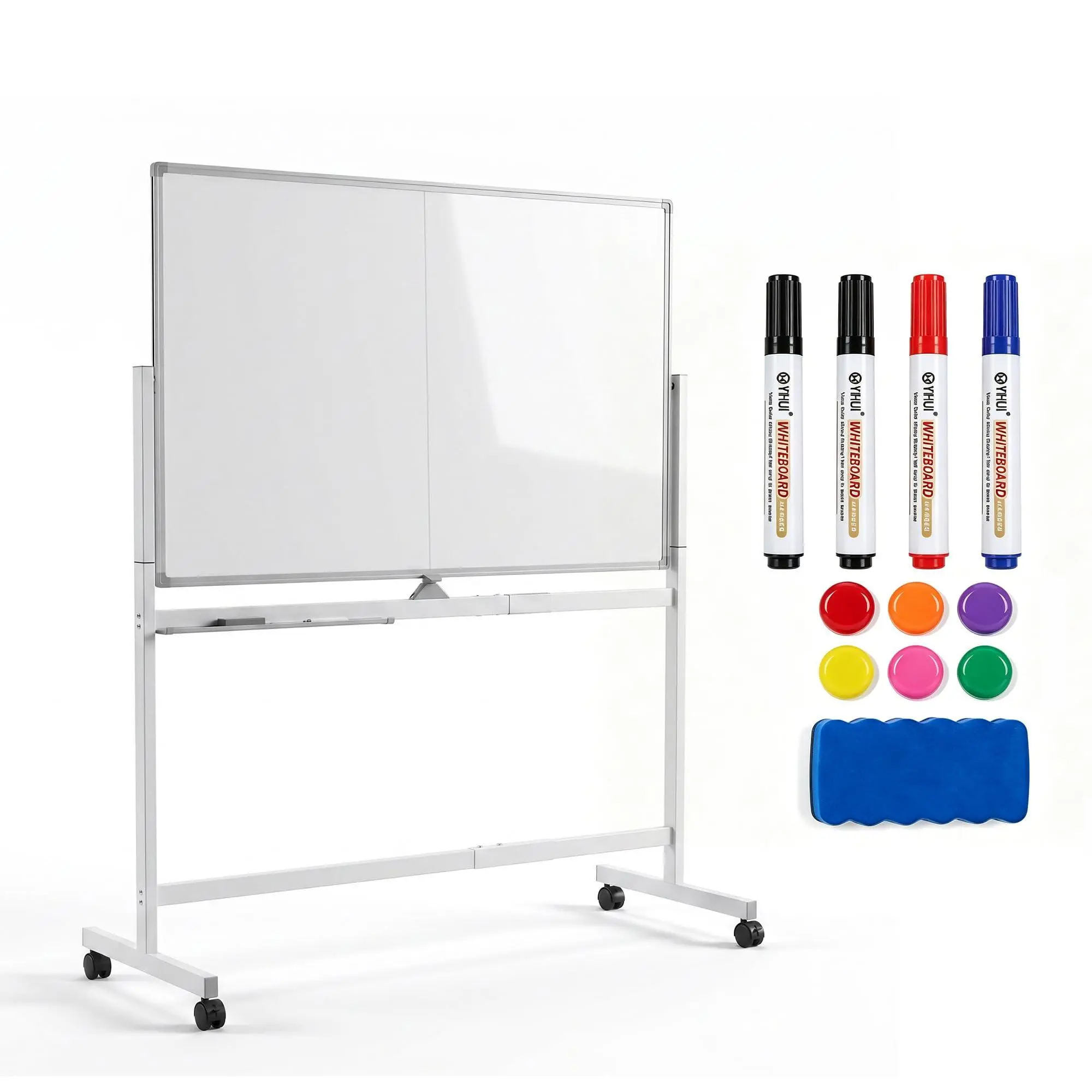 Garvee Mobile Magnetic Dry Erase Whiteboard on Wheels with Stand - Double-Sided Rotating Rotate Board, Locking Casters, Easy-Clean Surface for Office/Training/Home - White, 48"×32"