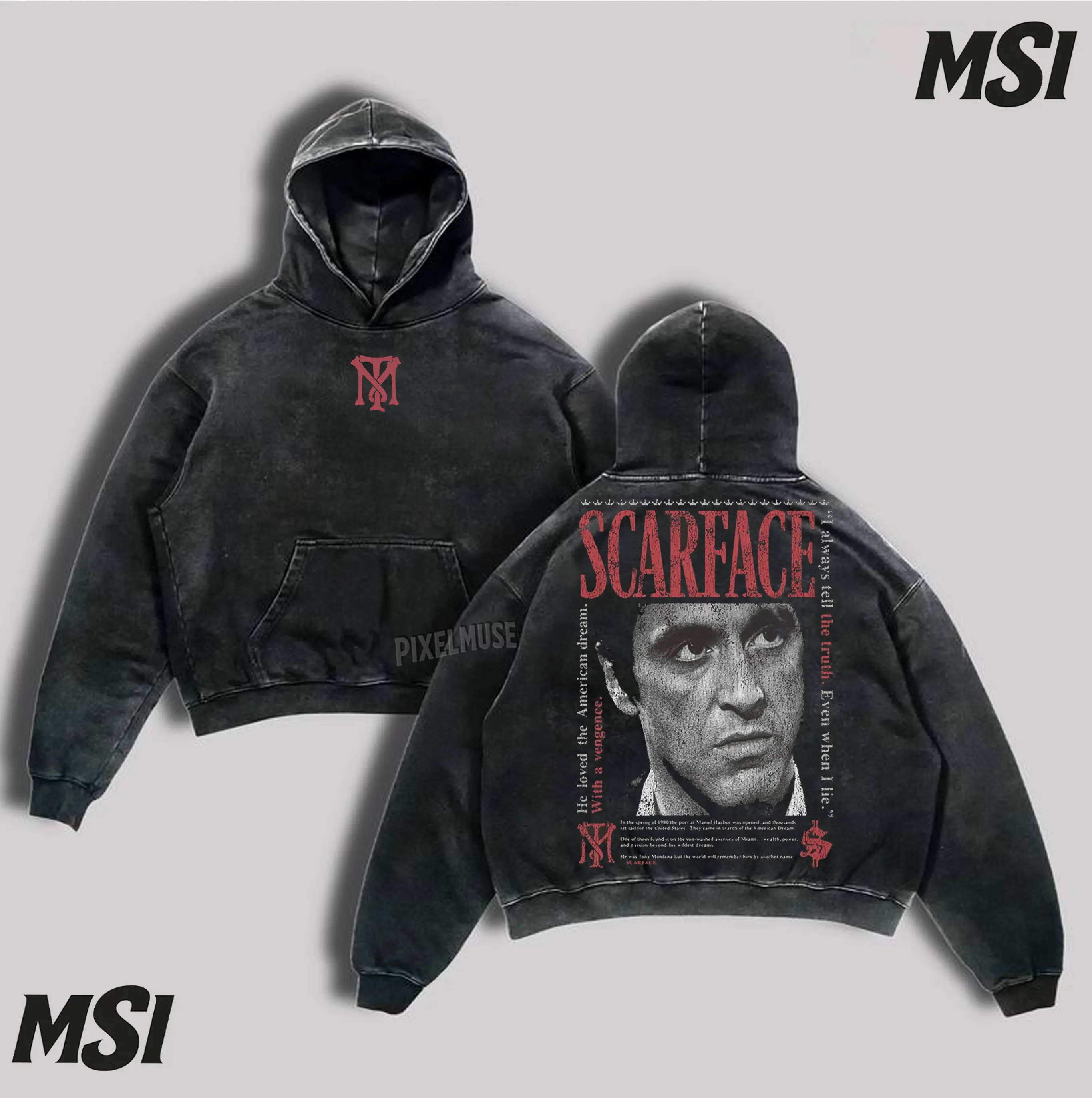 Scarface Al Pacino Quote Hoodie | American Dream Vengeance Acid Washed Heavyweight Pullover, Oversized Film Typography Bootleg Layer.