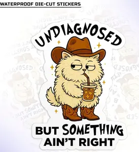 Undiagnosed But Something Ain't Right Sticker, Funny Cat Cowboy Mental Health Anxiety Waterproof Die-Cut Vinyl Sticker,Laptop Water Bottle Decal Sticker
