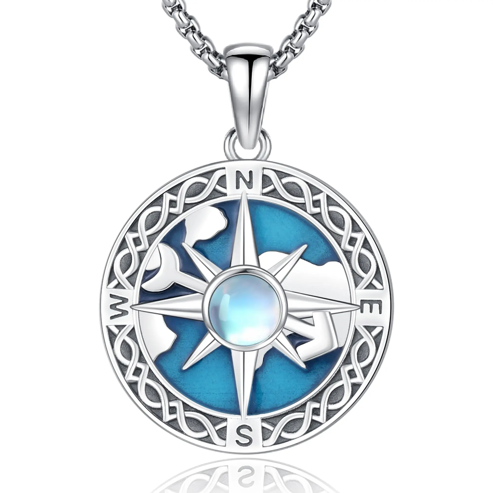 DRINSPER 925 Sterling Silver Compass Explore Necklace with Moonstone & Celtic-Like Pattern, Adult Casual Adventure Amulet, Graduation Gift Pendant for Daily Wear, Wanderlust Necklace, Compass Necklace