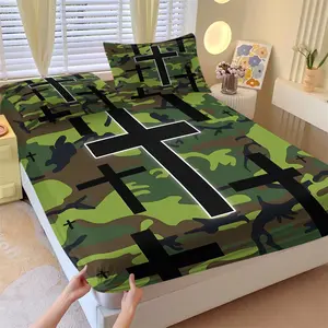 Gothic Camo Cross Fitted Sheet Set, 1 Fitted Sheet + 2 Pillowcases, Green Camouflage Black Cross Print Bedding, Soft, Comfortable & Breathable Microfiber, All Season Bedroom Decor, Deep Pocket, Non-Slip, Cool Gothic Style