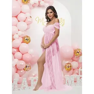 ELLIOTTWII Maternity Lace Sexy Off-Shoulder High Waist Slit For Photoshoot Baby Shower Pregnancy Women Gown Spring White