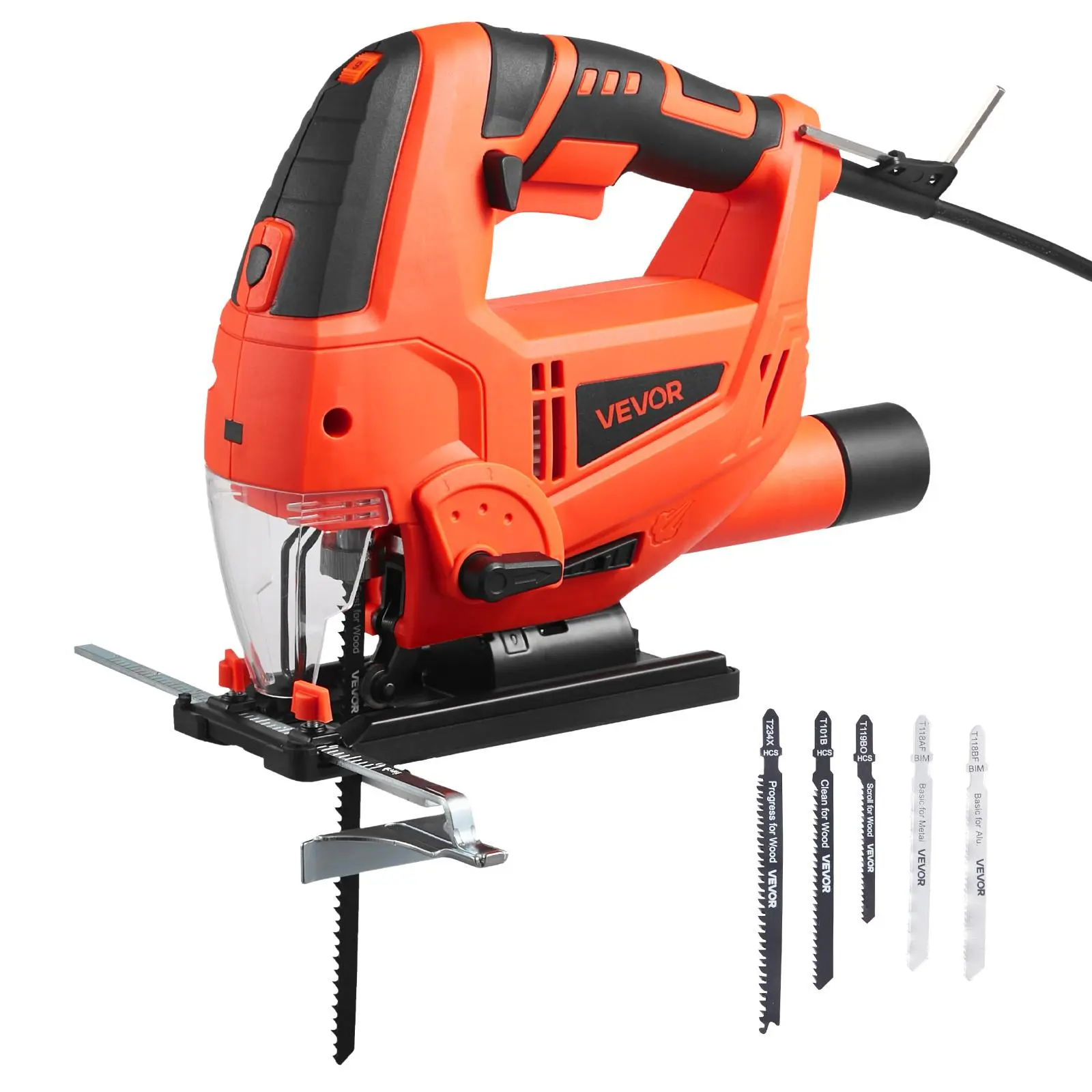 【Summerfinds】VEVOR Electric Jigsaw, 6.5 A Construction Power Tool, 0-3000 SPM Blade Speed, 6-speed Variable Control, 6 Pcs Blades, LED Light, 0-45° Bevel Cuts, 4 Orbital Settings for Wood & Metal Cutting, Versatility, Bi-Metal Jig Saws