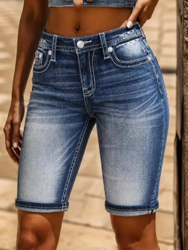 Women's Mid Rise Stretch Denim Bermuda Shorts Faded Washed Rolled Hem Knee Length Jean Capris With Decor Stitching Pockets Casual Summer Denim Knee Shorts