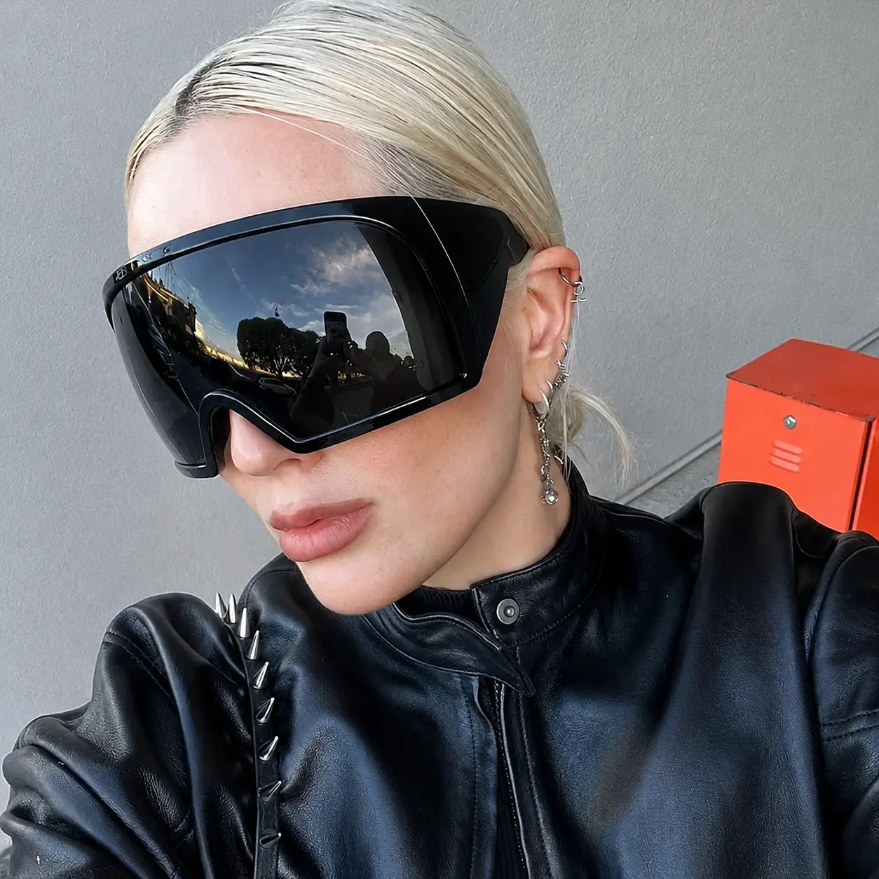 Unisex Wrap-Around Oversized Modern Sunglasses - Black+Silver Street Style Shades, Trendy Casual Futuristic Rave Eyewear, Men's Sunglasses with Big Curved Shield Frames, Women's Fashion Accessories