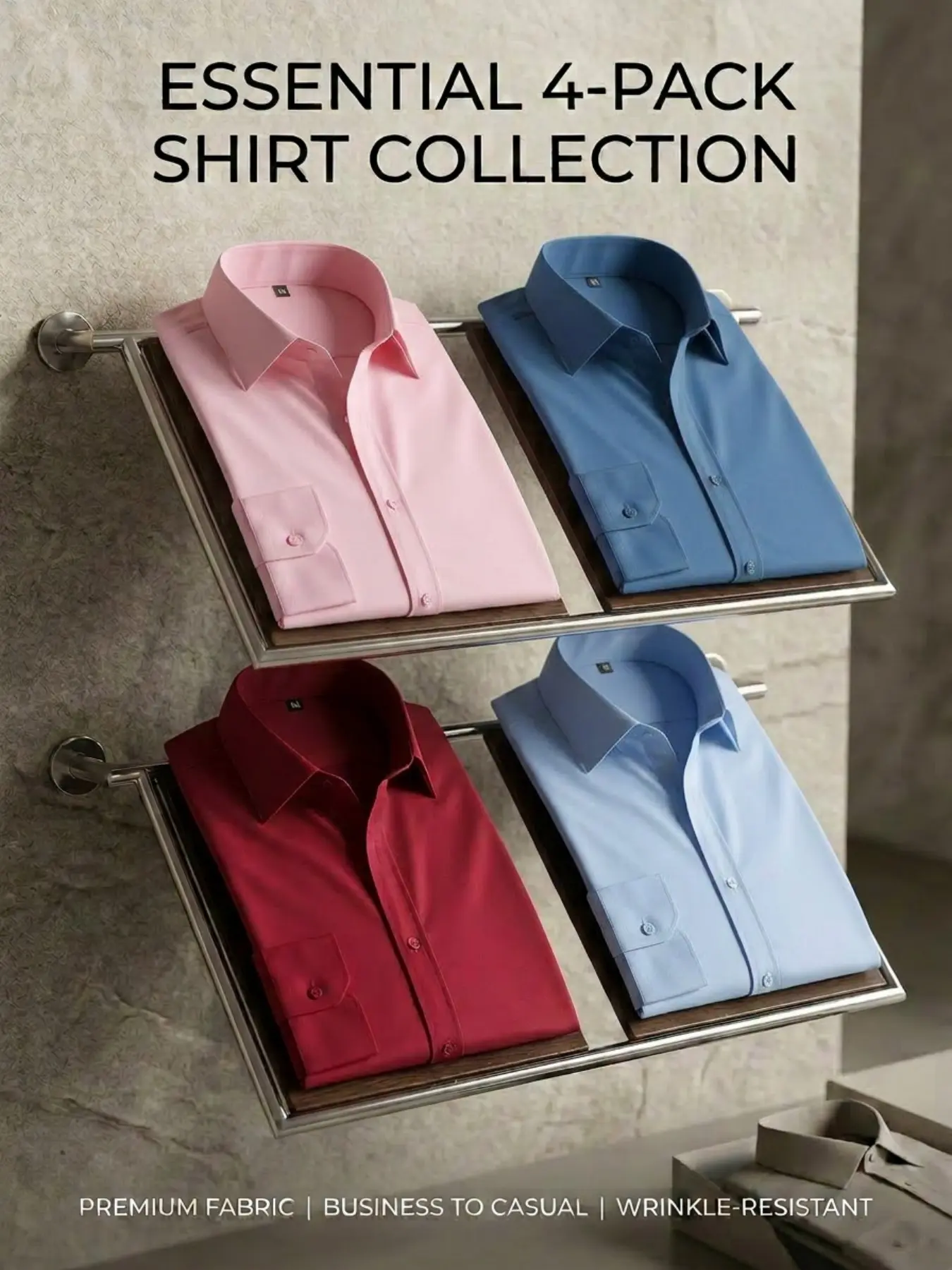 Men's 4-Pack Business Dress Shirts, Buttoned Basic, Wrinkle-Resistant Long Sleeve Slim-Fit, Essential Work & Casual Wear, 11 Color Options