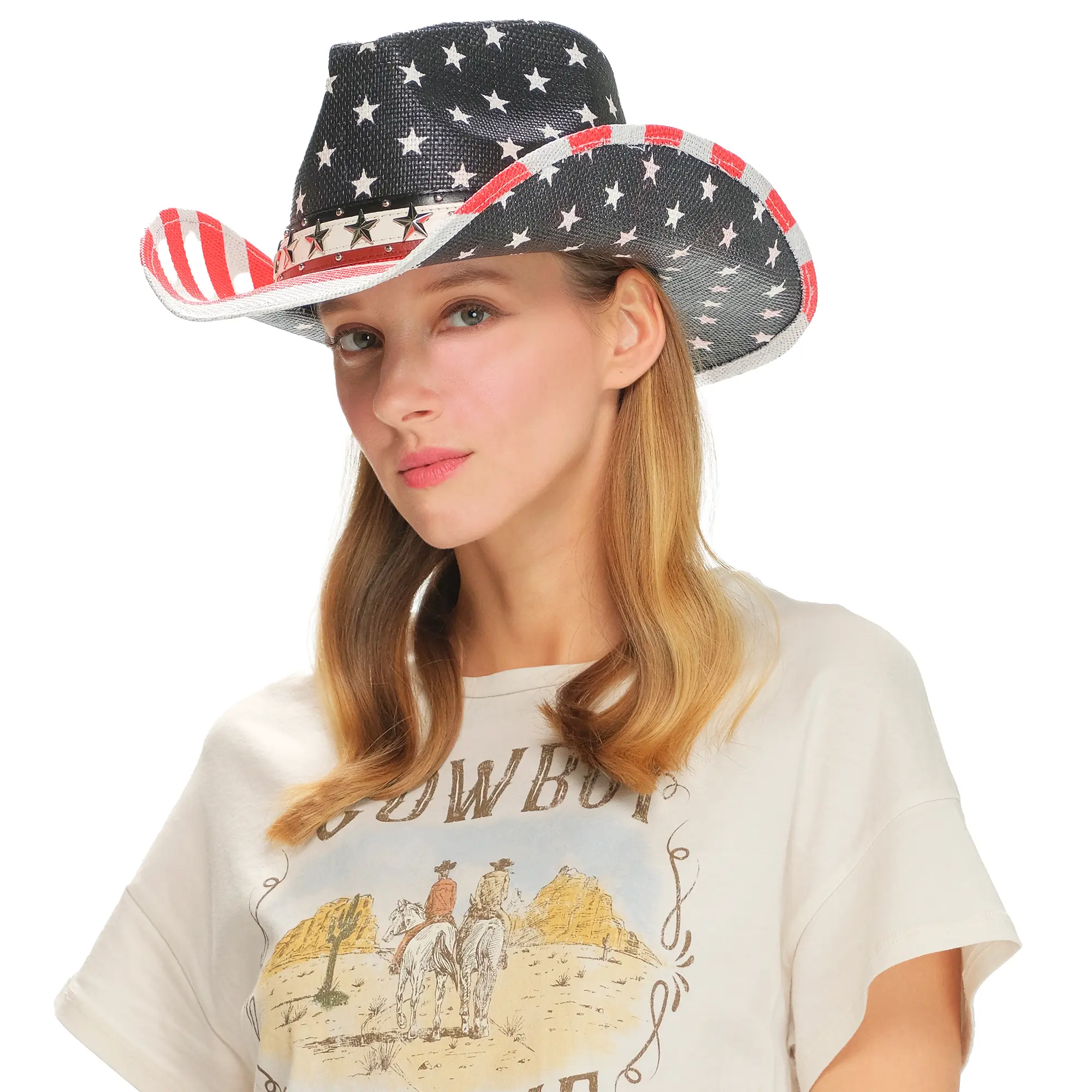 C.C American Cowboy Hat with Star Studs Trim Band for Women