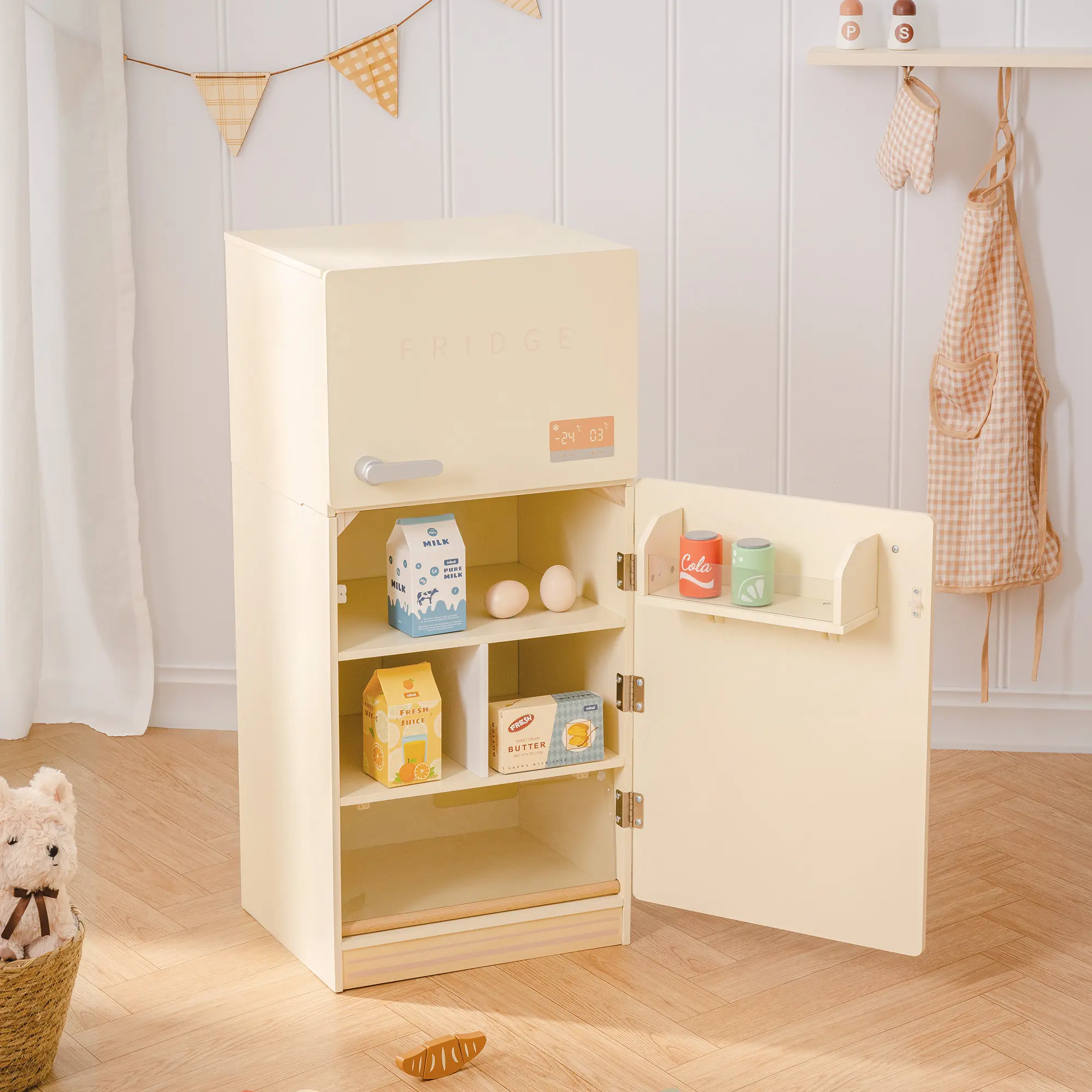 Play Kitchen Toy Fridge Fryer - Wooden Toy Refrigerator with Accessories, Pretend Play Kitchen Set for Kids & Toddlers, Freezer with Play Food for Ages 3+