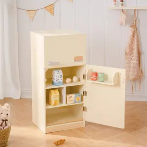 Play Kitchen Toy Fridge Fryer - Wooden Toy Refrigerator with Accessories, Pretend Play Kitchen Set for Kids & Toddlers, Freezer with Play Food for Ages 3+