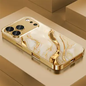Golden marble textured glass phone case, gold-plated high-definition glass design phone protective case, suitable for iPhone 17 Pro Max 16 15 14 13 12 11 Samsung Galaxy S25 Ultra S24 S23 S22 S21 S20 A series all inclusive phone case - ZQ138