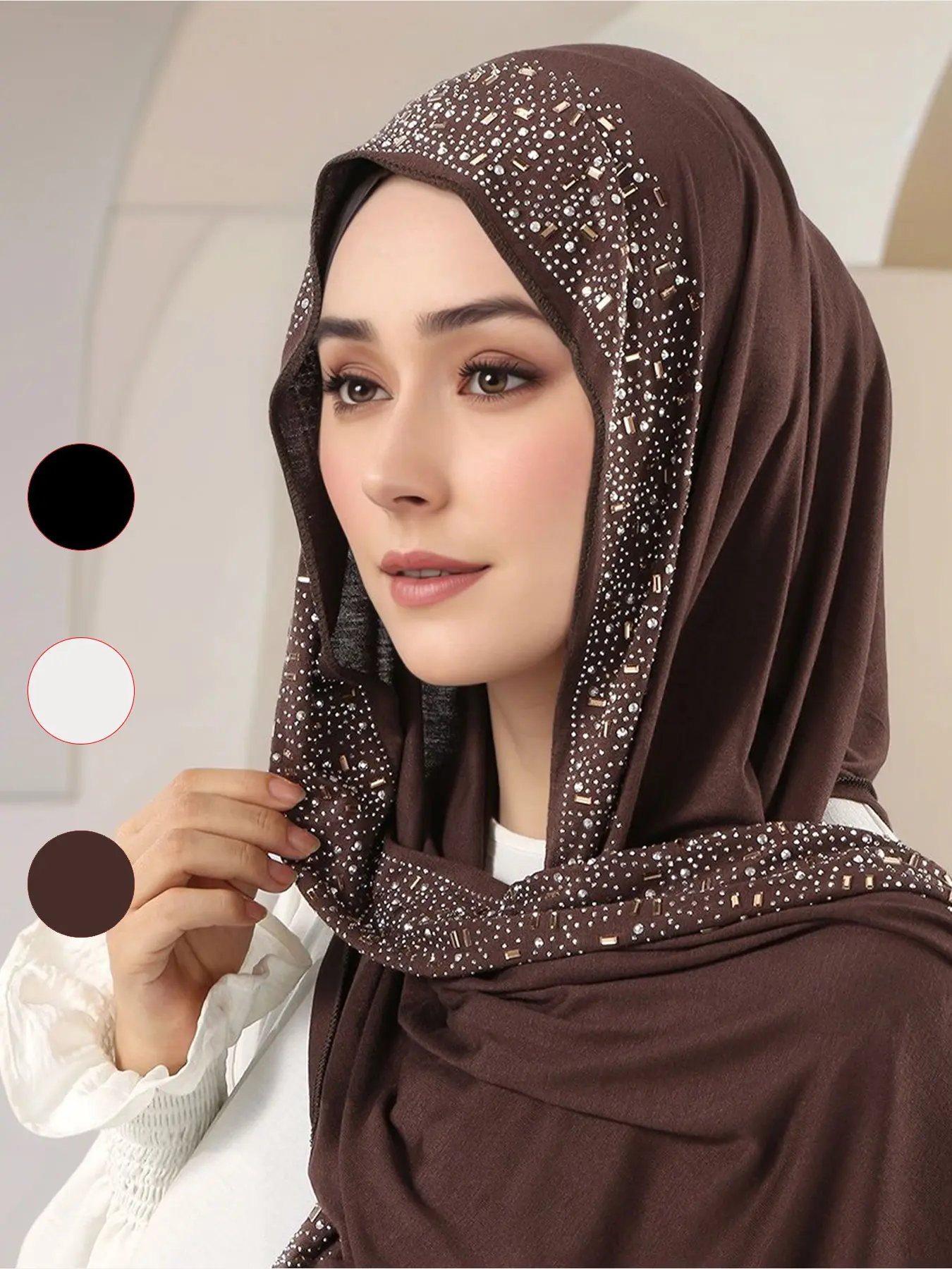 Women's Elegant Rhinestone Handmade Water Drill Headscarf Scarf Muslim Headscarf Cover, Soft Breathable Knitted Jersey Hijab Shawl Cap, All-Season Fashion Accessory
