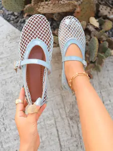 Summer Mesh Mary Jane Shoes for Women, Breathable Flat Shoes with Buckle Strap, Soft Sole Ballet Flats, Fishnet Design, All-Season Comfort, Walking Shoes Footwear