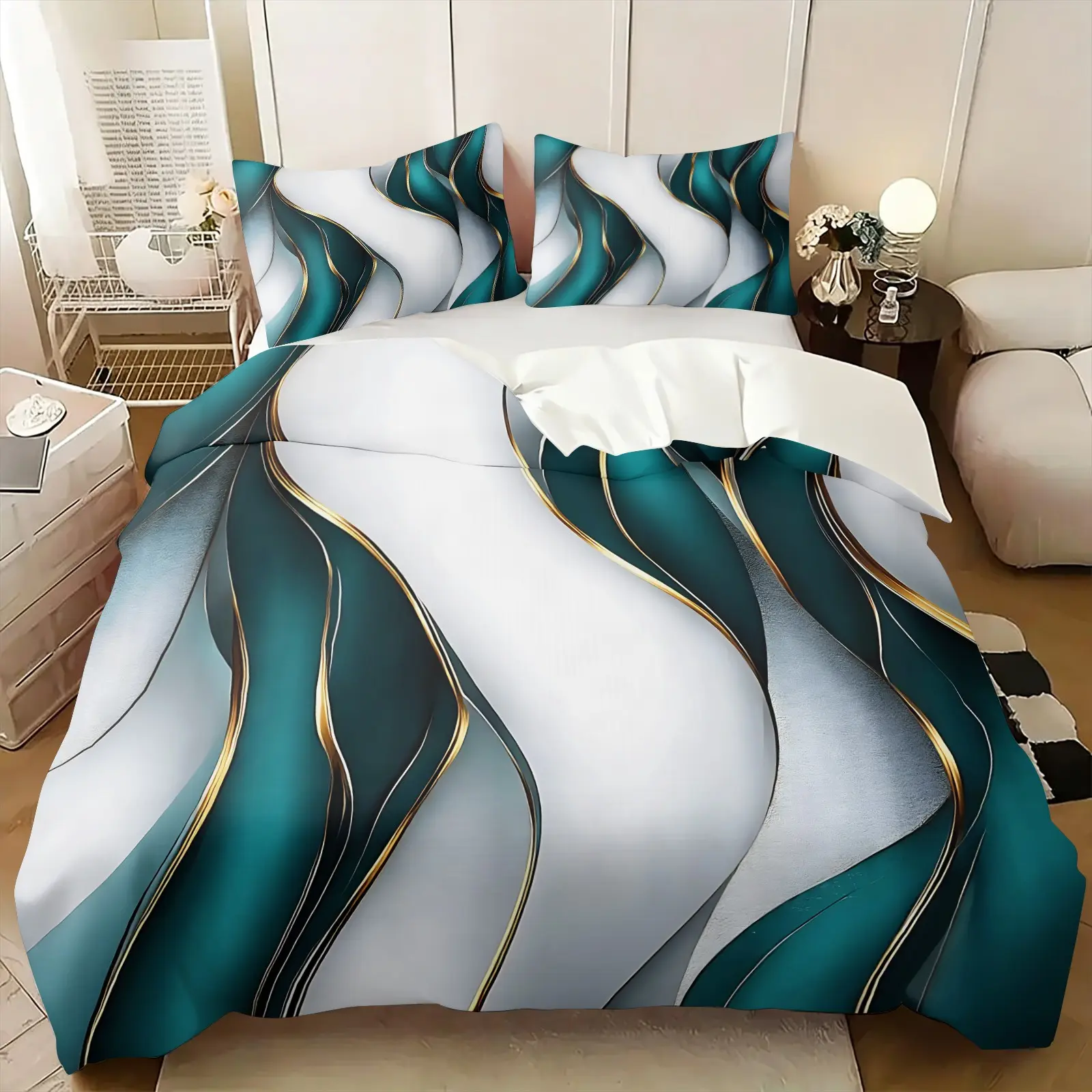 2/3Pcs Teal Gold Abstract Wave Duvet Cover Set, Luxury Modern Marble Fluid Art Comforter Cover, Soft Microfiber Bedding Set with Pillowcases, No Filler, For Young Women Bedroom Apartment Dorm Decor, Great Gift for Modern Home Lovers