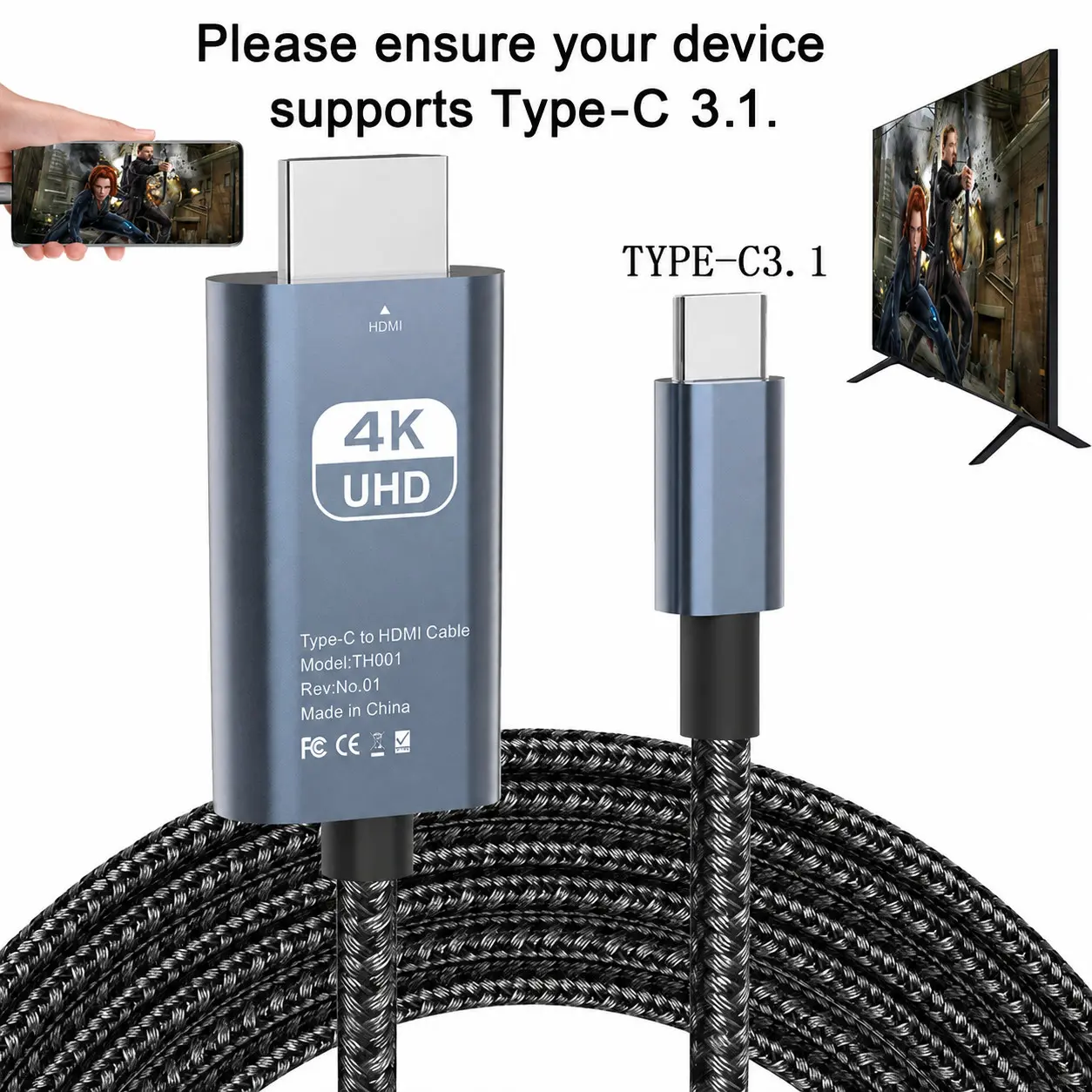 USB 3.1 Type-C to HDMI Converter HDTV Adapter Cable, Digital HDMI Port, 4K HD Display, 2 m/6.6 ft USB-Powered, No Battery, Direct Phone to TV/Screen/Projector Connection, No WiFi or Software Needed