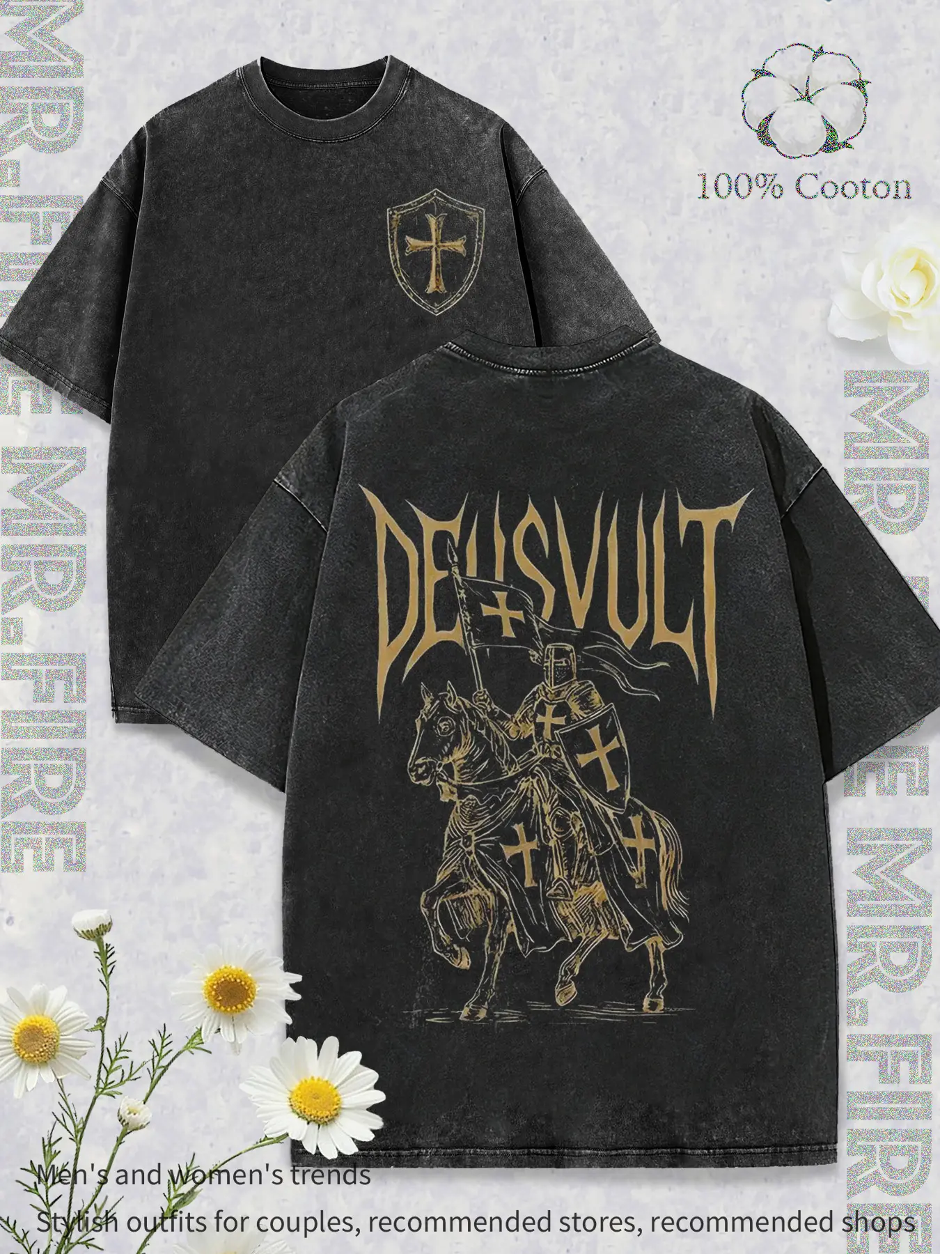 Knights Templar medieval crusader core theme T-shirt; Knights Templar iconic golden shield badge T-shirt; iconic cross/“God’s Will” crusader crusade slogan apparel; medieval crusader power and faith spirit T-shirt