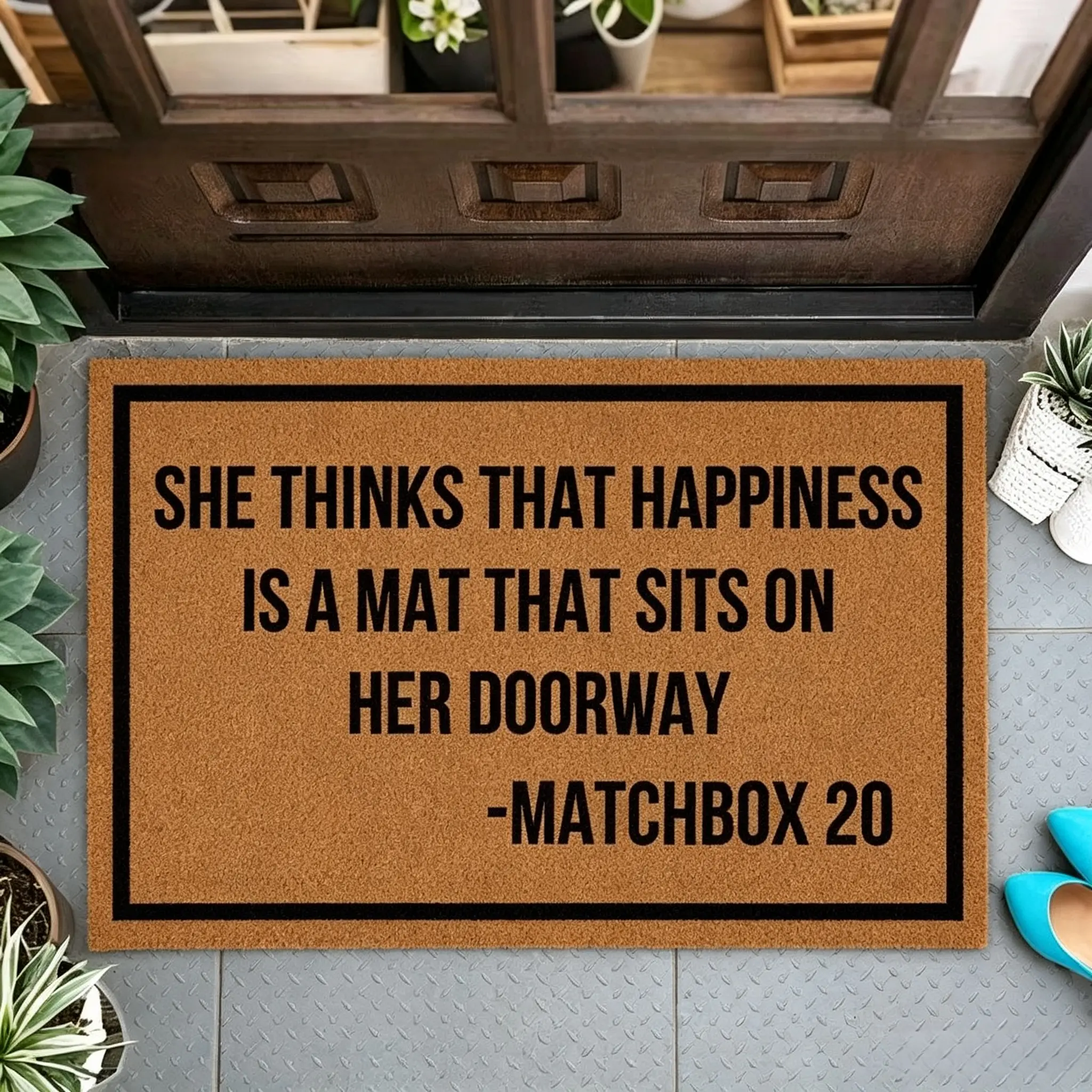 Funny Welcome Door Mat, She Thinks That Happiness is a mat Non Slip Entrance Door Mat, Rubber Back Indoor/Outdoor Floor Mat for Home & Room Decoration, Area Mat Doormat for Entryway Living Dining Room Bedroom Kitchen Porch Yard summerwins