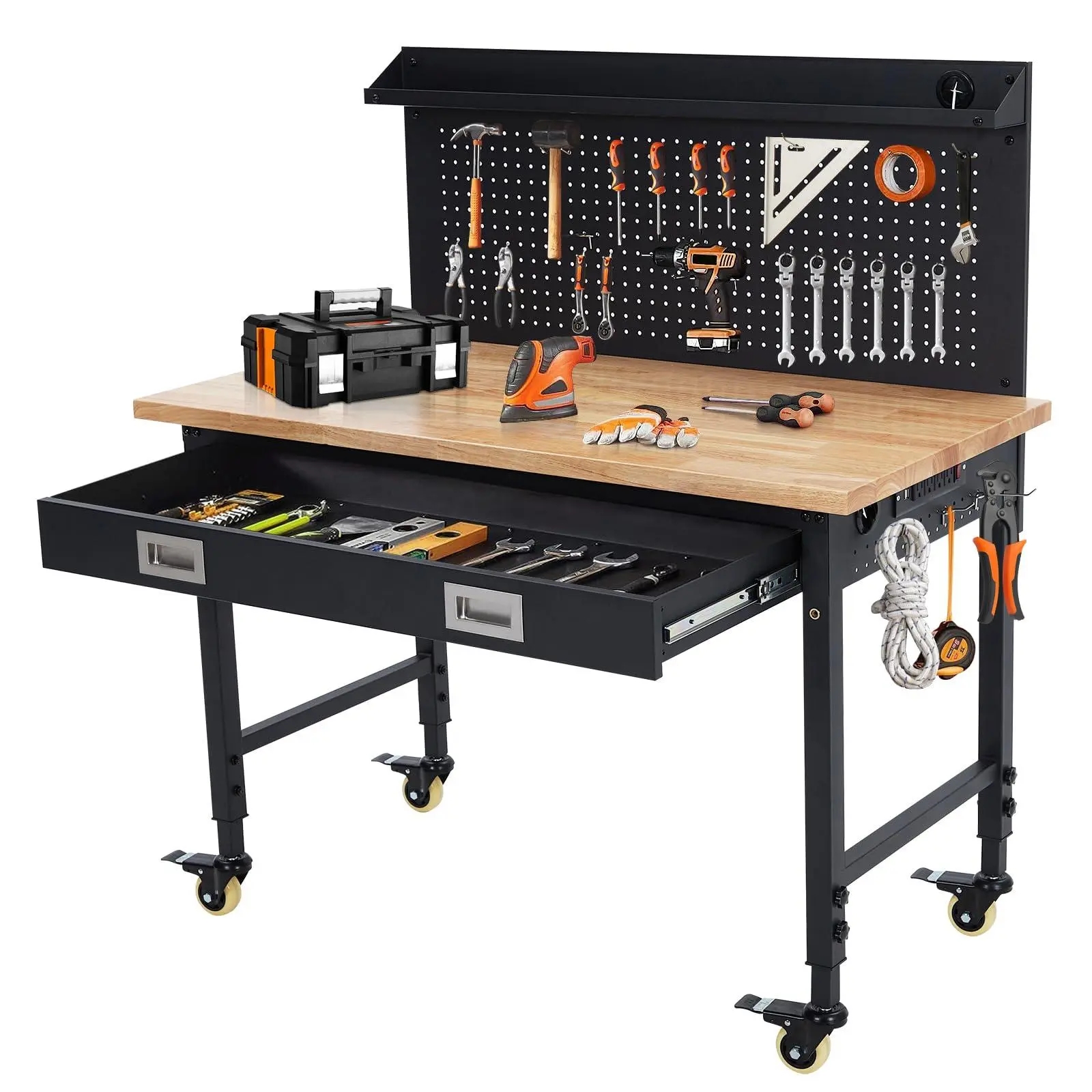Gaomon 48x24-Inch Heavy-Duty Height-Adjustable Workbench Desk, Rubberwood Top, Storage Drawers, Pegboard, Lock Casters, USB Ports, Easy Mobility, 2000 Lbs Impressive Load Capacity for Workshop Crafting