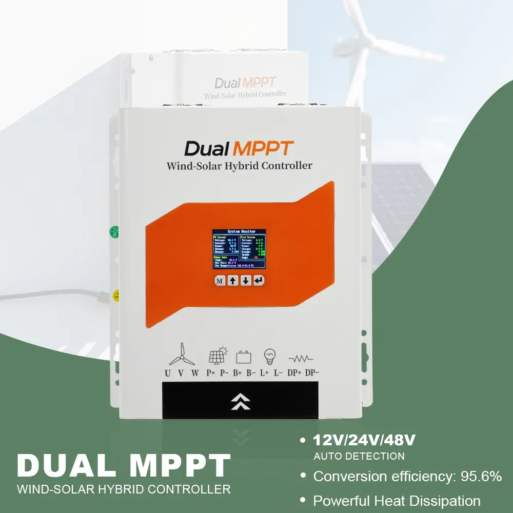 3000W Wind Solar Hybrid Dual MPPT Charge Controller - 2000W Wind Turbine & 1000W Solar Panel, 12V/24V/48V Auto Adapt for Off-Grid Power System High-Power outdoorfun campingessentials, Hybrid Solar Charger, Auto Voltage Recognition