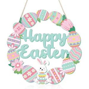 Happy Easter Decorations Sign, Bunny Eggs Wood Wreath for Front Door Porch Window Wall Hanging Decor, Pink Green Spring Decoration for the Home (Bunny Egg) 2026 new