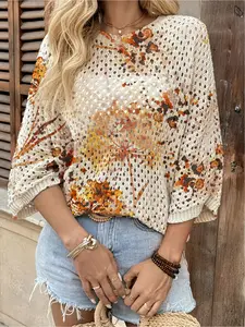 Spring & summer Bohemian knit top with round neck, hollow-out & batwing sleeves. Contrast floral print, loose fit. Ideal for daily, commute & beach as a bikini cover-up, casual chic and elegant.
