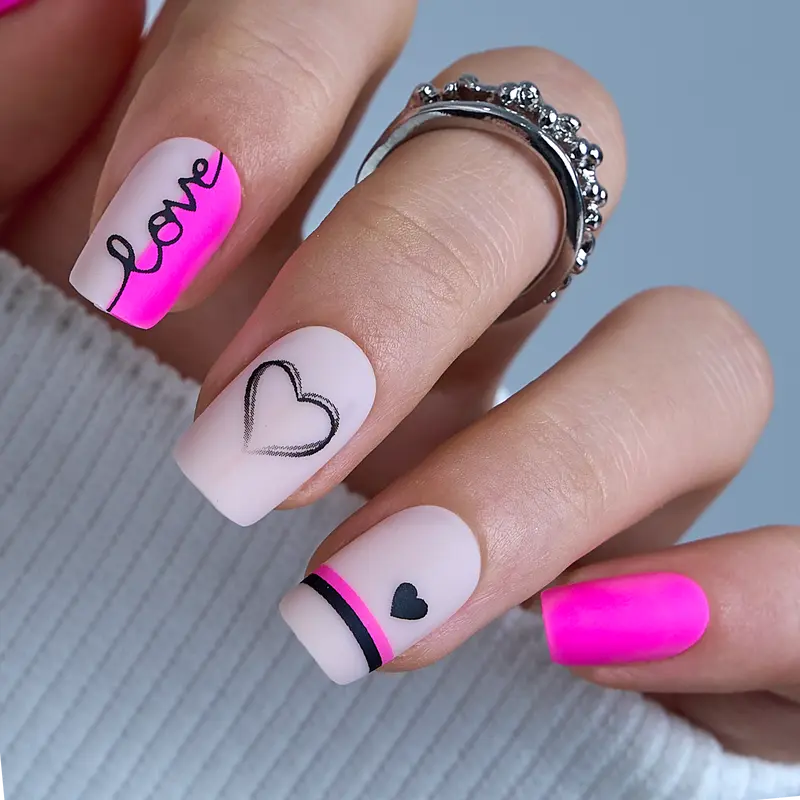 Vibrant Matte Pink Lines Press-On Nails | CurvLife Nail | 30pcs Short Square Fake Nails | Matte Finish with Sweet Heart & Love Script | Easy to Apply, Comfortable & Long-lasting | Ideal for Valentine’s Party, Date Nights, Friend Meetups & Casual Hangouts