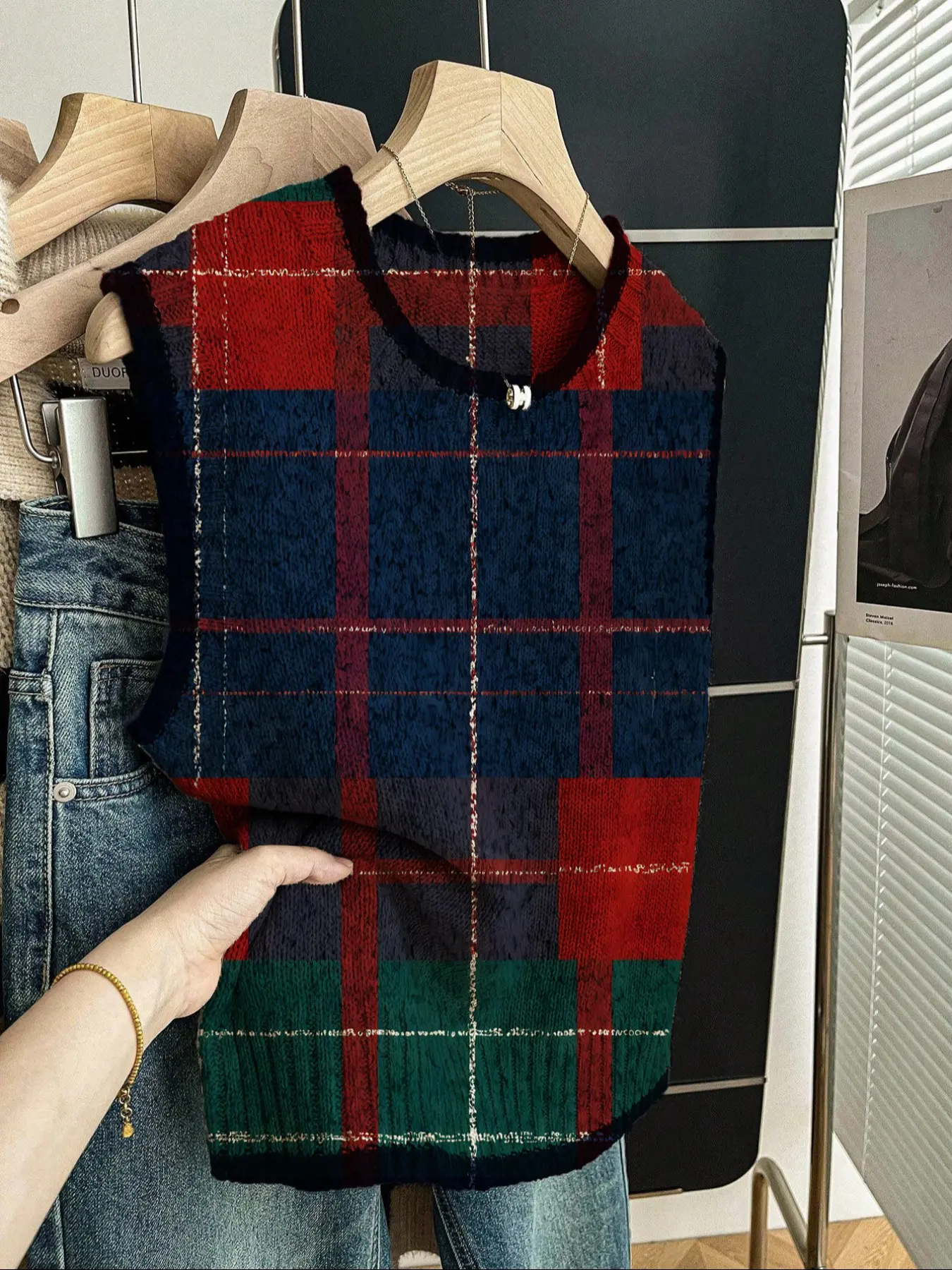 Women's Casual Loose-Fitting Round Neck Sleeveless Knit Top, Tartan Pattern Color Block Cardigan, Fall for Women