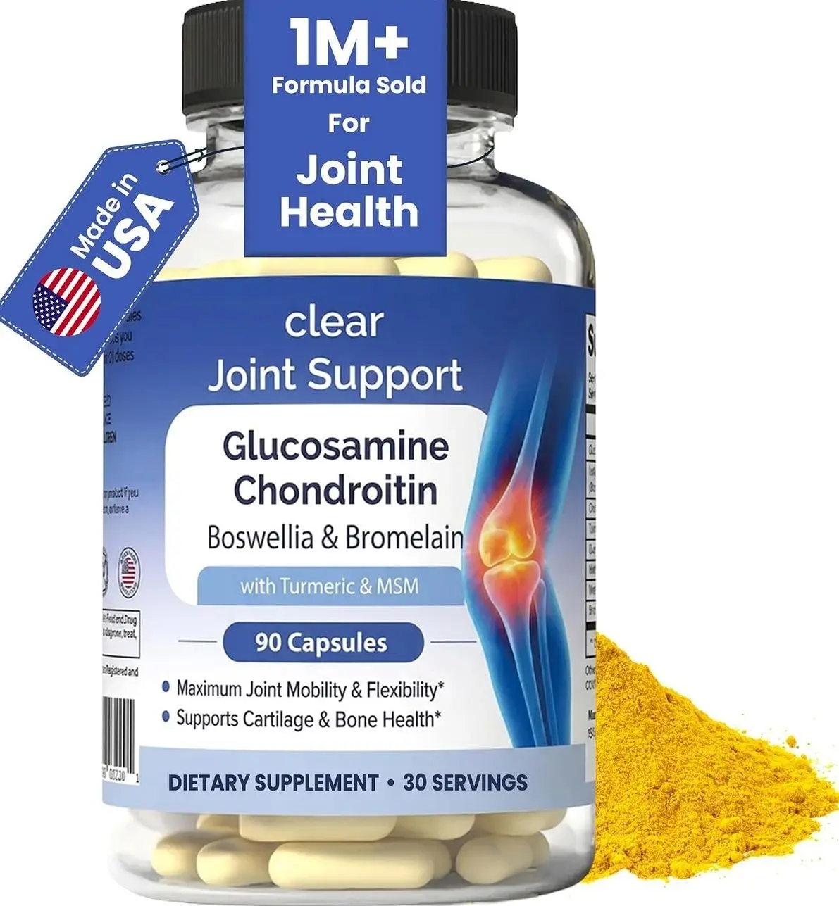 Clear Joint Support - 1500mg Glucosamine Chondroitin MSM - 8 in 1 Joint Health Supplement with Turmeric and Boswellia for Men & Women, Knee, Hip & Back Support, Made in USA, 90 Capsules
