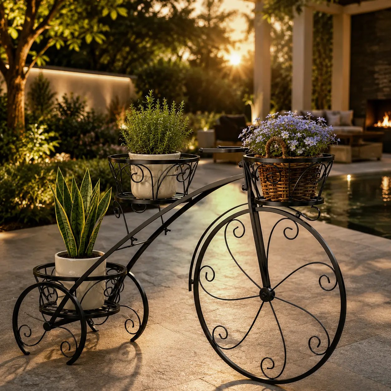 Metal 3-Wheel Bicycle Planter Cart - Corner Storage Rack with 3 Plant Pots, Outdoor Home Decor for Terrace, Garden