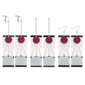 FlashyStudioNYC Anime Earring, Japanese Sun Rise Earring, Kawaii Dangle Earring, sun Character Earring, Cosplay Earrings, Hanafuda Earrings, Creative Earrings, rectangular earrings, Fashion Acrylic Tanjiro Earrings, unisex male cosplay earrings