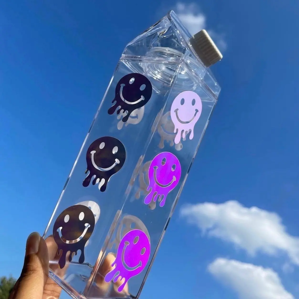 17 oz trippy smiley face milk carton bottle / Cute trendy milk carton water bottle / Drinkware Water Bottles Aesthetic Milk Bottle Handmade Reusable Trippy Portable Cup Plastic Bottled Washable Lid