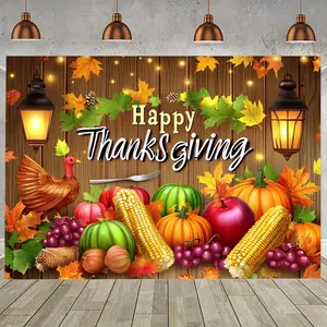 Thanksgiving Party Banner - Happy Thanksgiving Autumn Harvest Decor with Pumpkins, Corn, Grapes & Lanterns - Durable Polyester Photography Backdrop for Fall Seasonal Celebrations (No Electricity Needed), Thanksgiving Decorations Ornaments White