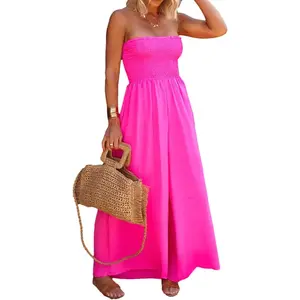 Imily Bela Womens Sleeveless Strapless Wide Leg Jumpsuits Summer Casual Loose Smocked Chiffon Jumpsuit Rompers with Pocket