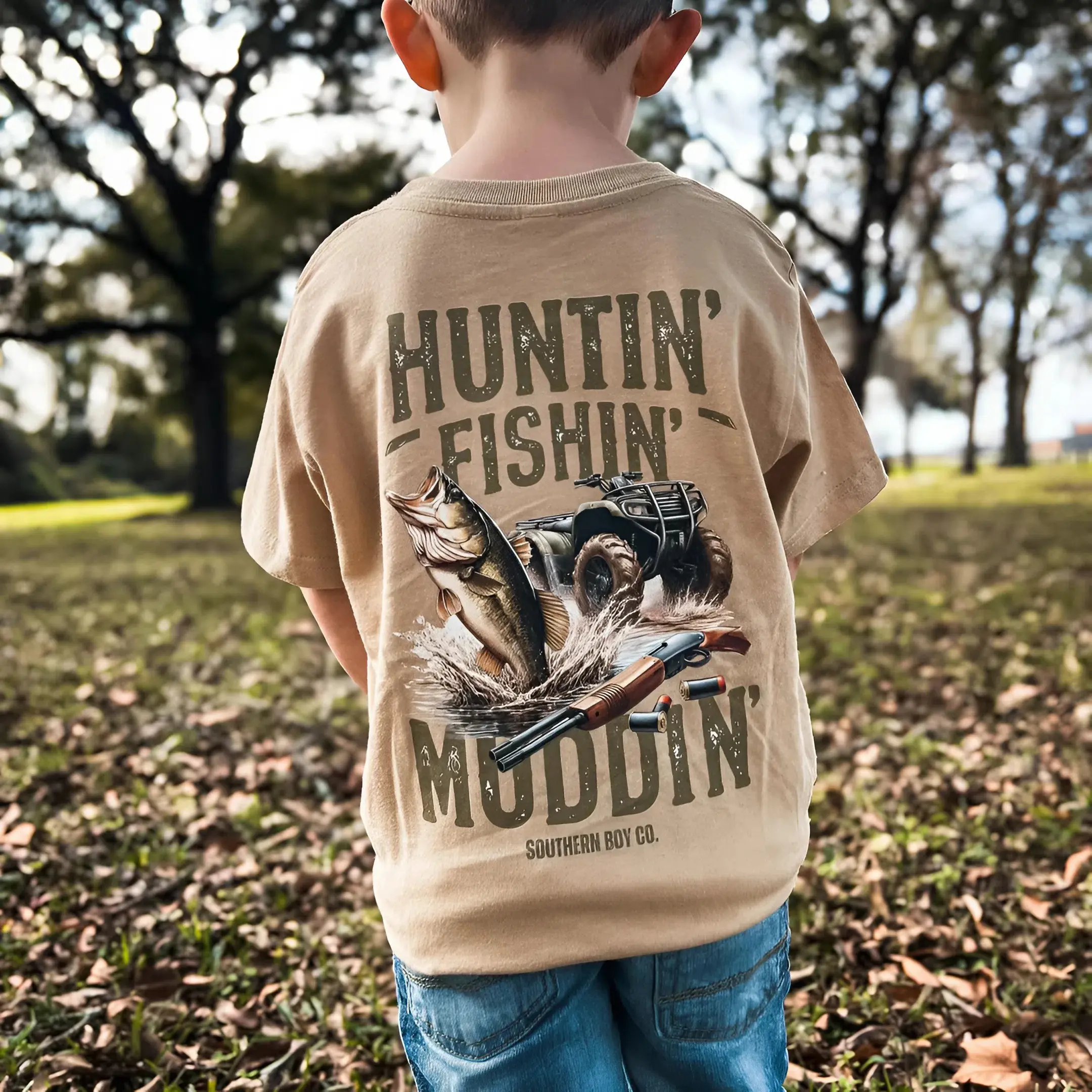 (Back side) Huntin' Fishin' Muddin' Youth and Adult T-shirt, Fishing shirt, hunting tee, camo shirt, toddler clothes, country boy clothing, Youth clothing, Family shirt, summer outfit, vacation outfit