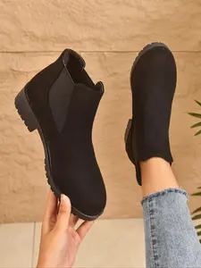 Women's Fall Winter New Fashion Chunky Heel Chelsea Boots, Winter Warm Boots, Round Toe Ankle Booties, Casual Textile Shoes, Size 43