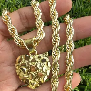 14K Gold Plated Nugget Chain and Pendant- Textured Heart Minimalist Rope Torch Chain 24" 6mm Big Pendant 25mm Necklace for Men/Women Unisex