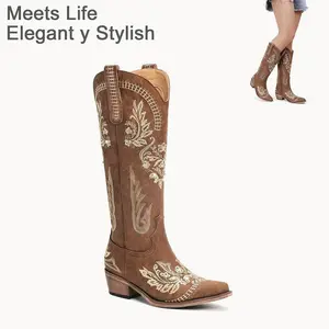 Brown women’s cowboy boot — wide calf, knee-high; shiny rhinestones; western country boots; classic embroidery; pointed toe; zipper; vintage fashion; high-leg boot