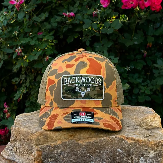BACKWOODS TRADITIONS CO. RICHARDSON 112 CAMO CAP WITH  CUSTOM PATCH