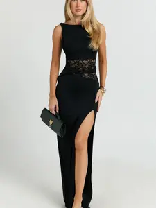 Elegant Feminine Lace Backless High Slit Long Dress, Sleeveless Design, Waistband Lace Patchwork, Perfect for Evening Parties, Formal Wear