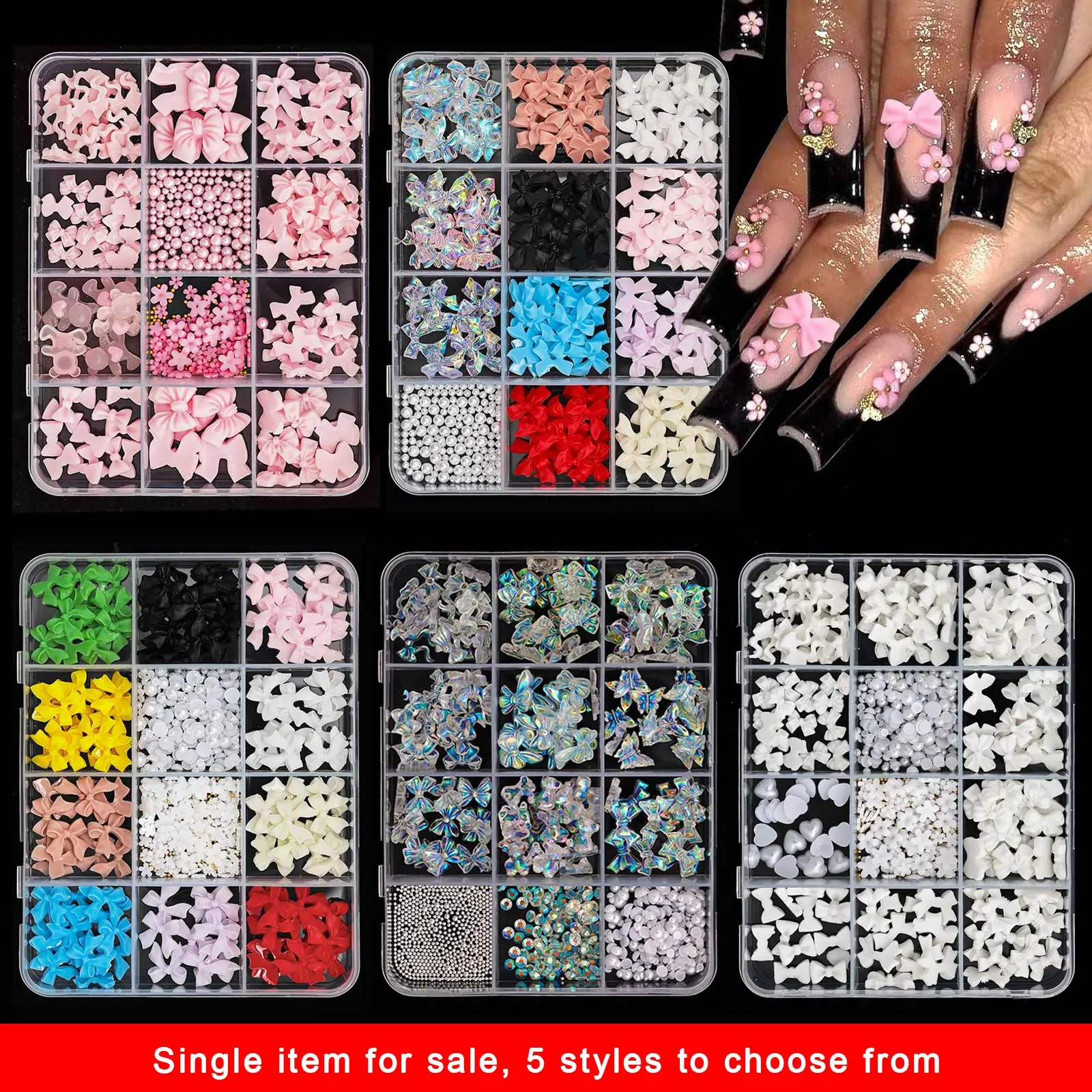 Colorful bow nail decoration set, 3D pearl and gem combination, gold and silver nail bows, flower butterfly 3D mixed nail decorations and gems, nail pearls, for nail art DIY, Nail Art Design