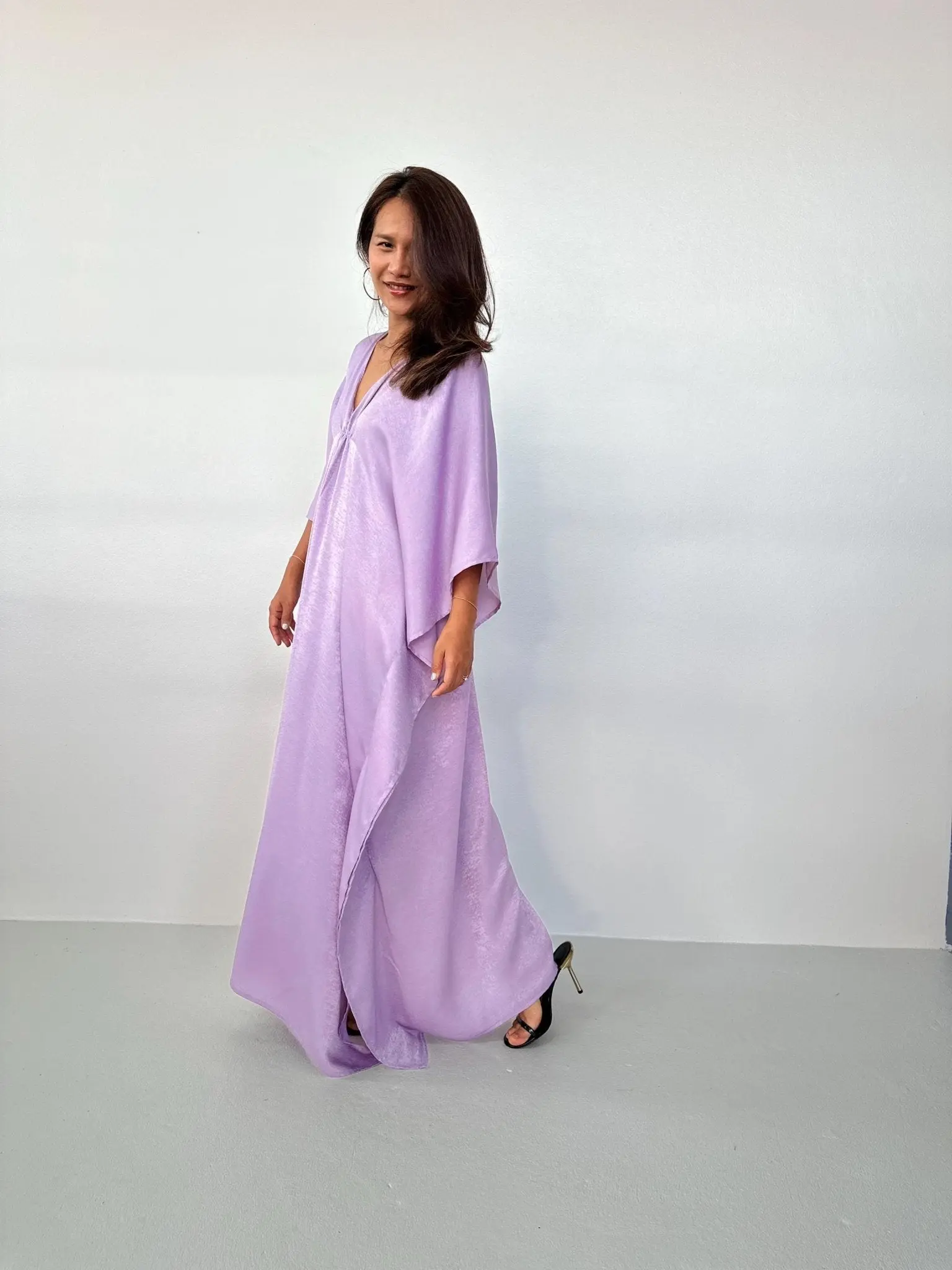 Women's Modest Elegant Lyla Kaftan - Lilac Satin Crepe, Chic V-Neck Slipover Style Long Dress, Pool-Ready Cover-Up, No Side Slits/Pockets, Evening Wear, Soft Without Being Sweet, One Size Fits Most